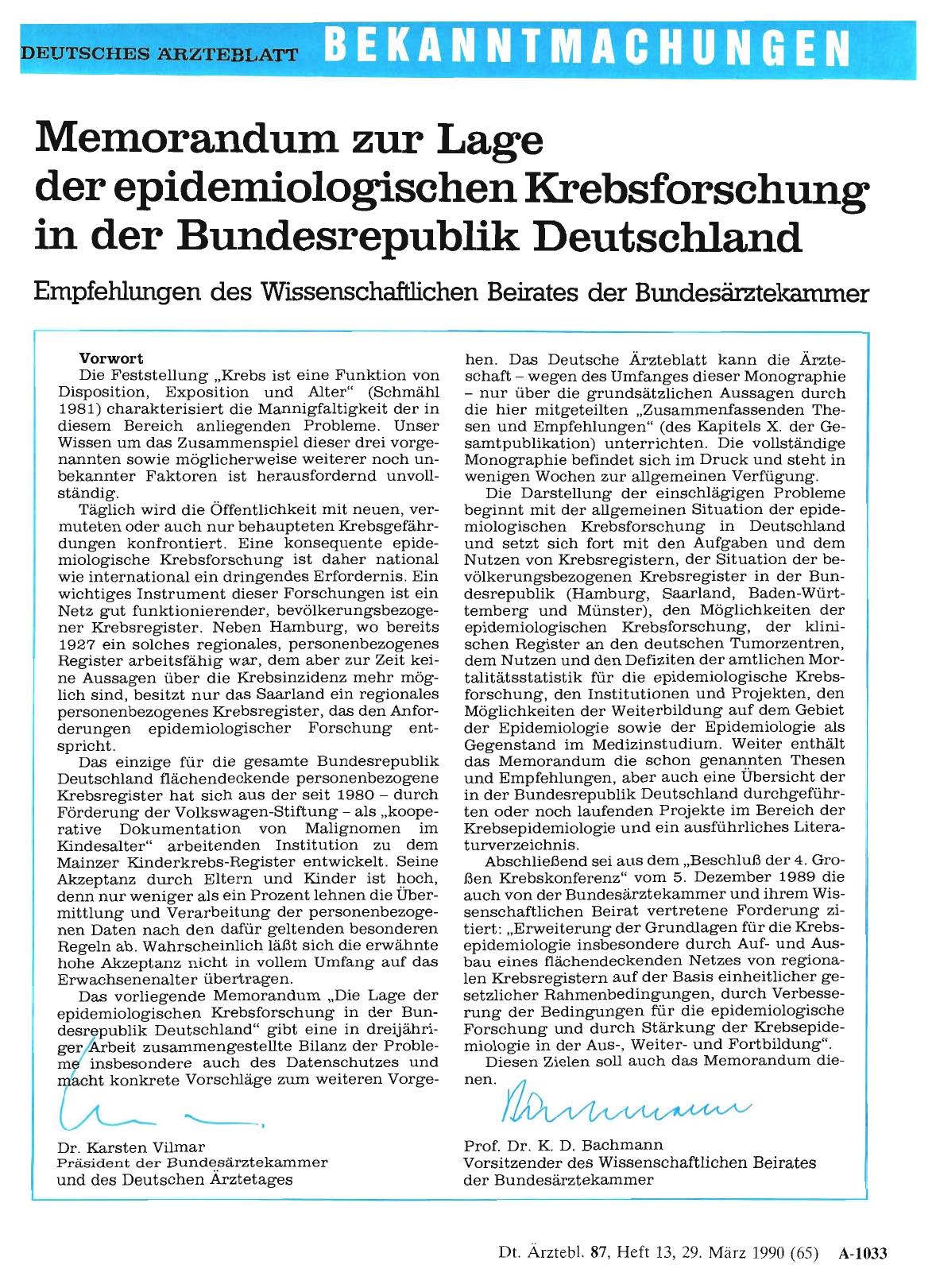 Vorschauseite 1: Memorandum zur Lage der epidemiologischen Krebsforschung in der Bundesrepublik Deutschland
