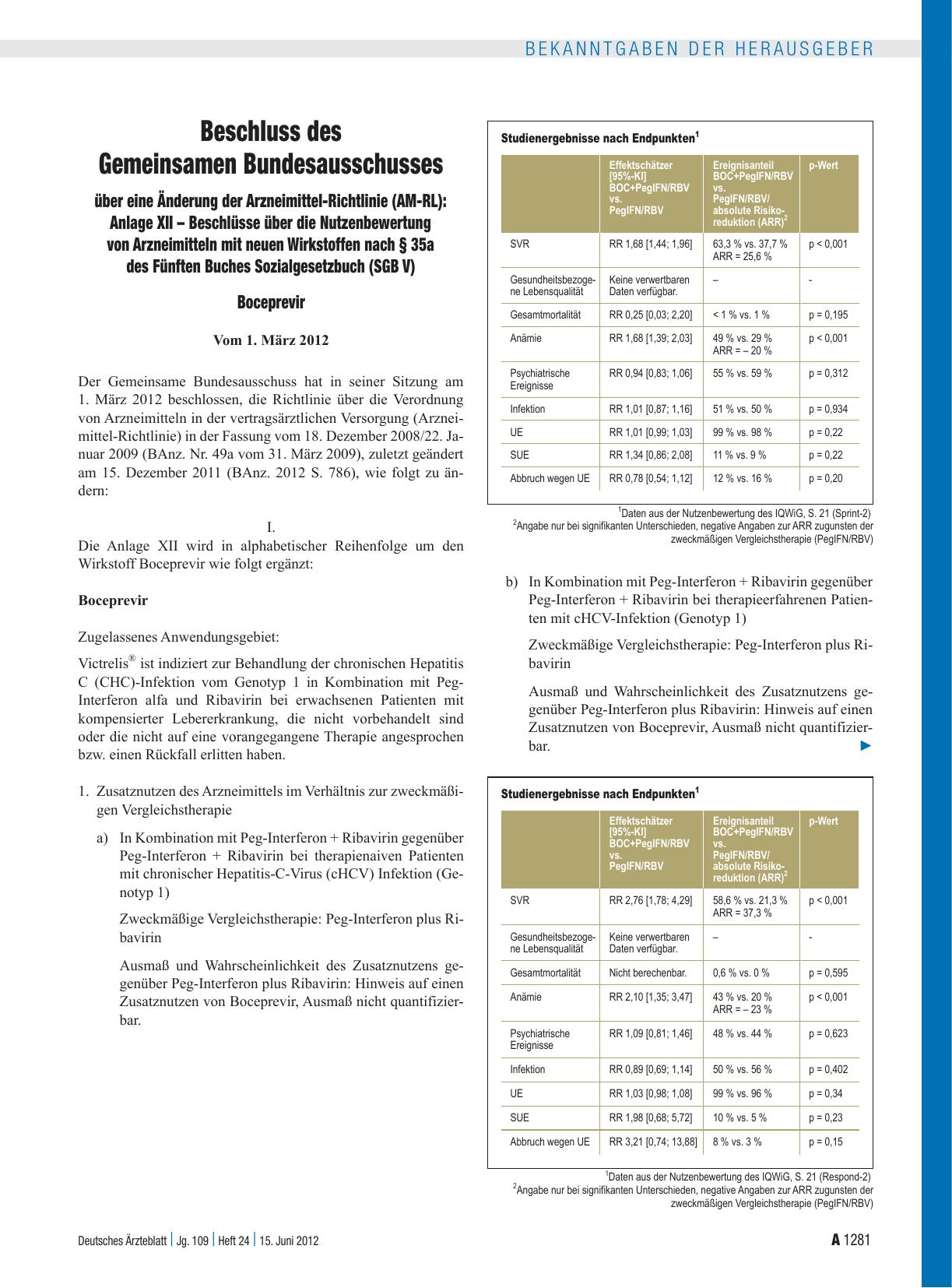Vorschauseite 1: Beschluss des Gemeinsamen Bundesausschusses über eine Änderung der Arzneimittel-Richtlinie (AM-RL): Anlage XII – Beschlüsse über die Nutzenbewertung von Arzneimitteln mit neuen Wi…