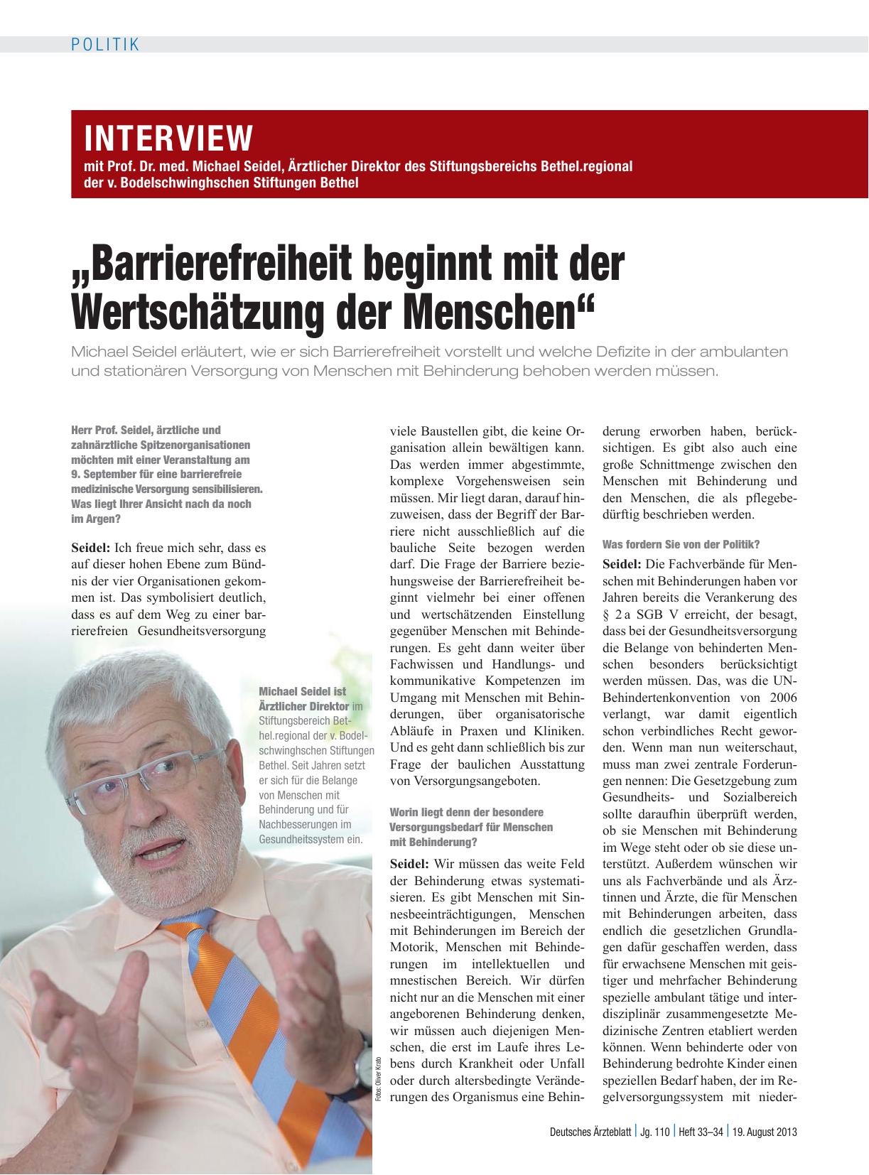 Vorschauseite 1: Interview mit Prof. Dr. med. Michael Seidel, Ärztlicher Direktor des Stiftungsbereichs Bethel.regional der v. Bodelschwinghschen Stiftungen Bethel: „Barrierefreiheit beginnt mit d…