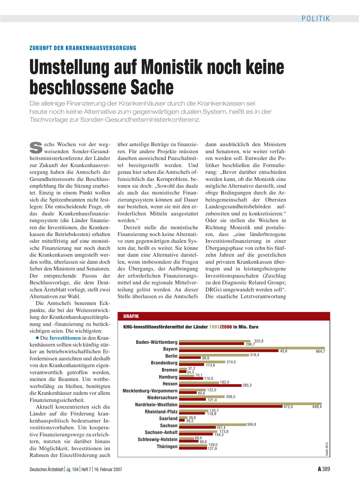 Vorschauseite 1: Zukunft der Krankenhausversorgung: Umstellung auf Monistik noch keine beschlossene Sache