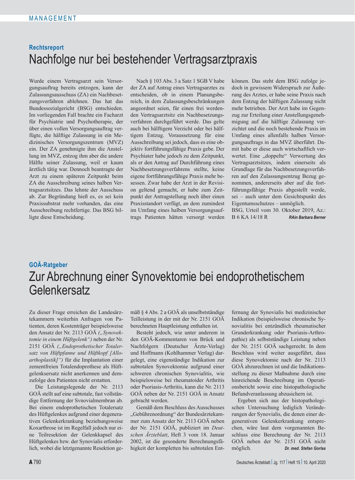 Vorschauseite 1: GOÄ-Ratgeber: Zur Abrechnung einer Synovektomie bei endoprothetischem Gelenkersatz