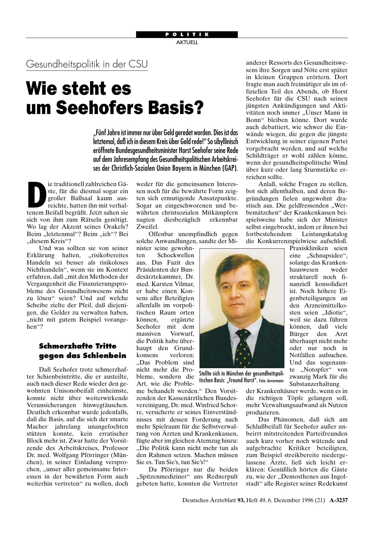 Vorschauseite 1: Gesundheitspolitik in der CSU: Wie steht es um Seehofers Basis?