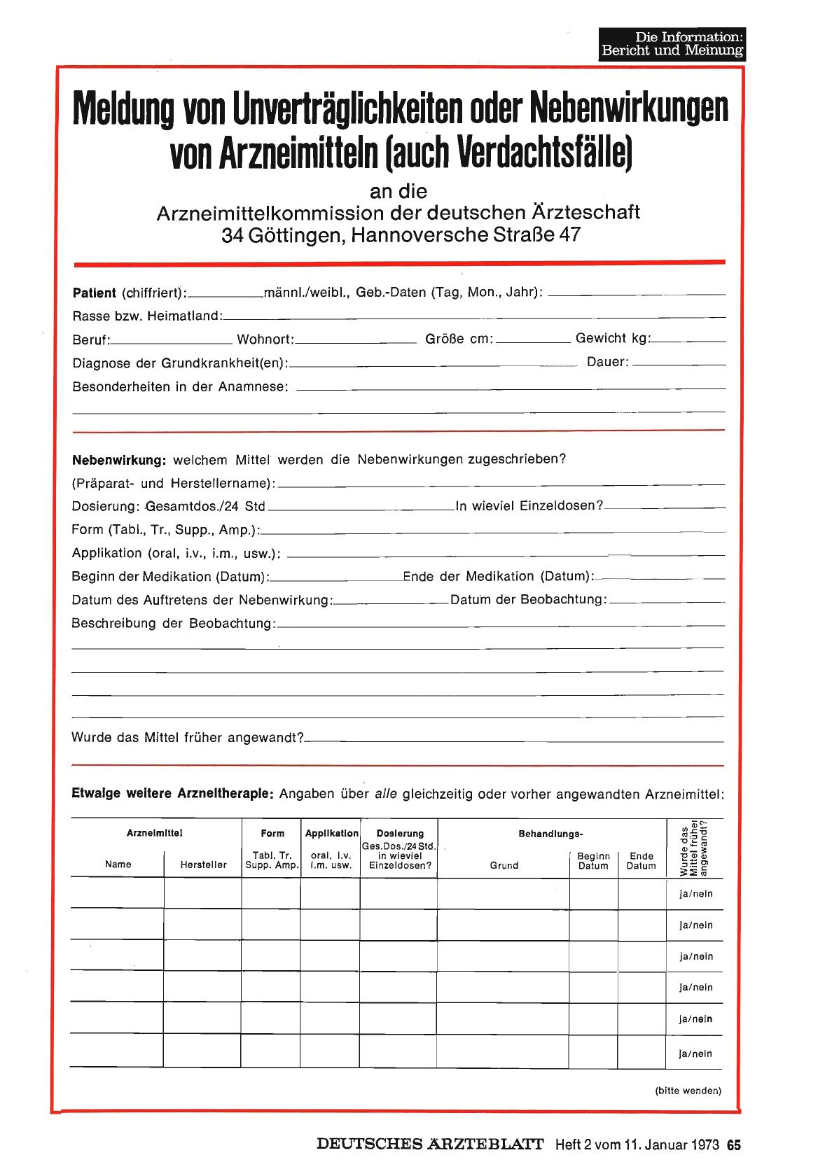 Vorschauseite 1: Meldung von Unverträglichkeiten oder Nebenwirkungen von Arzneimitteln (auch Verdachtsfälle)