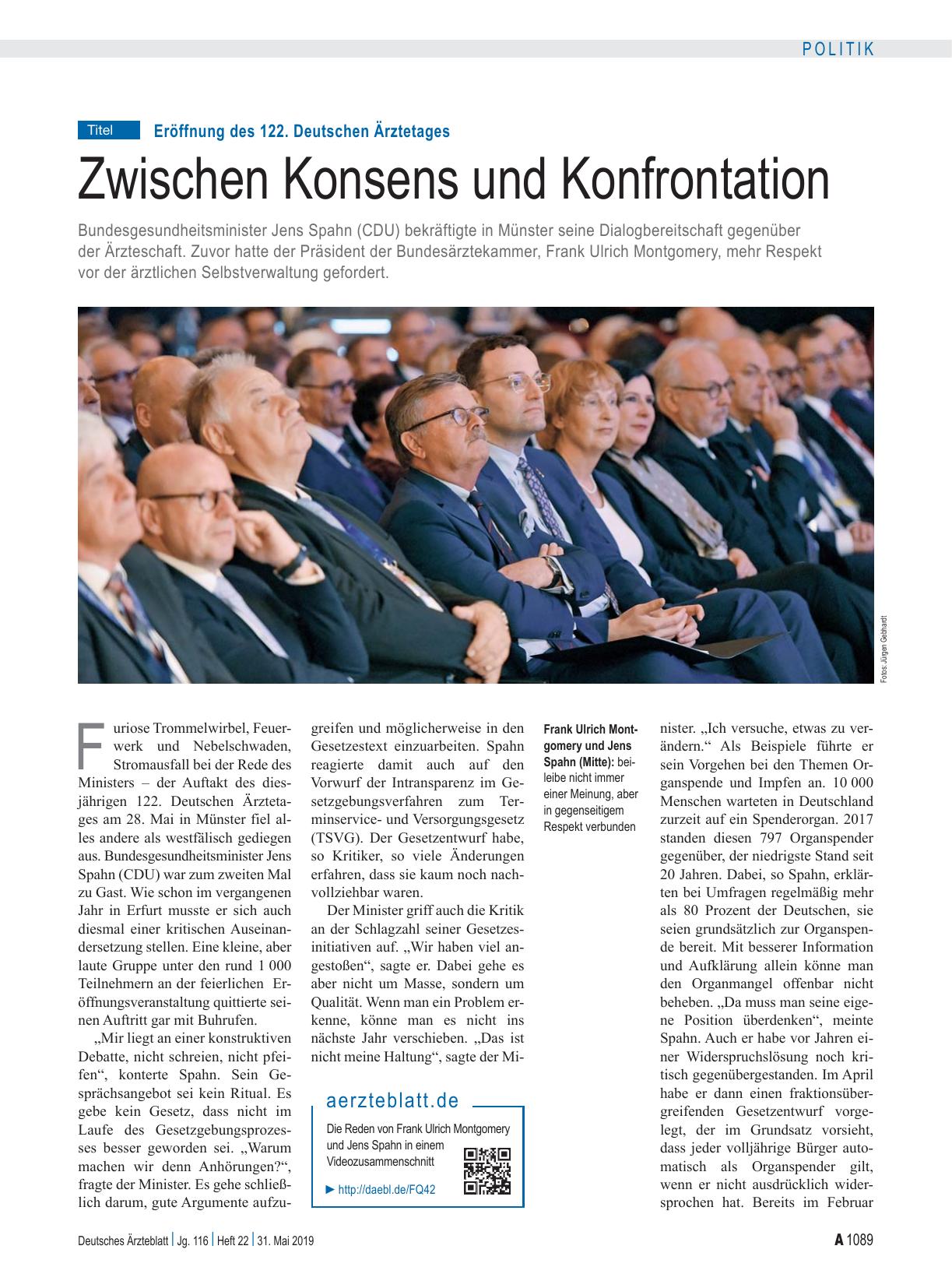 Vorschauseite 1: Eröffnung des 122. Deutschen Ärztetages: Zwischen Konsens und Konfrontation