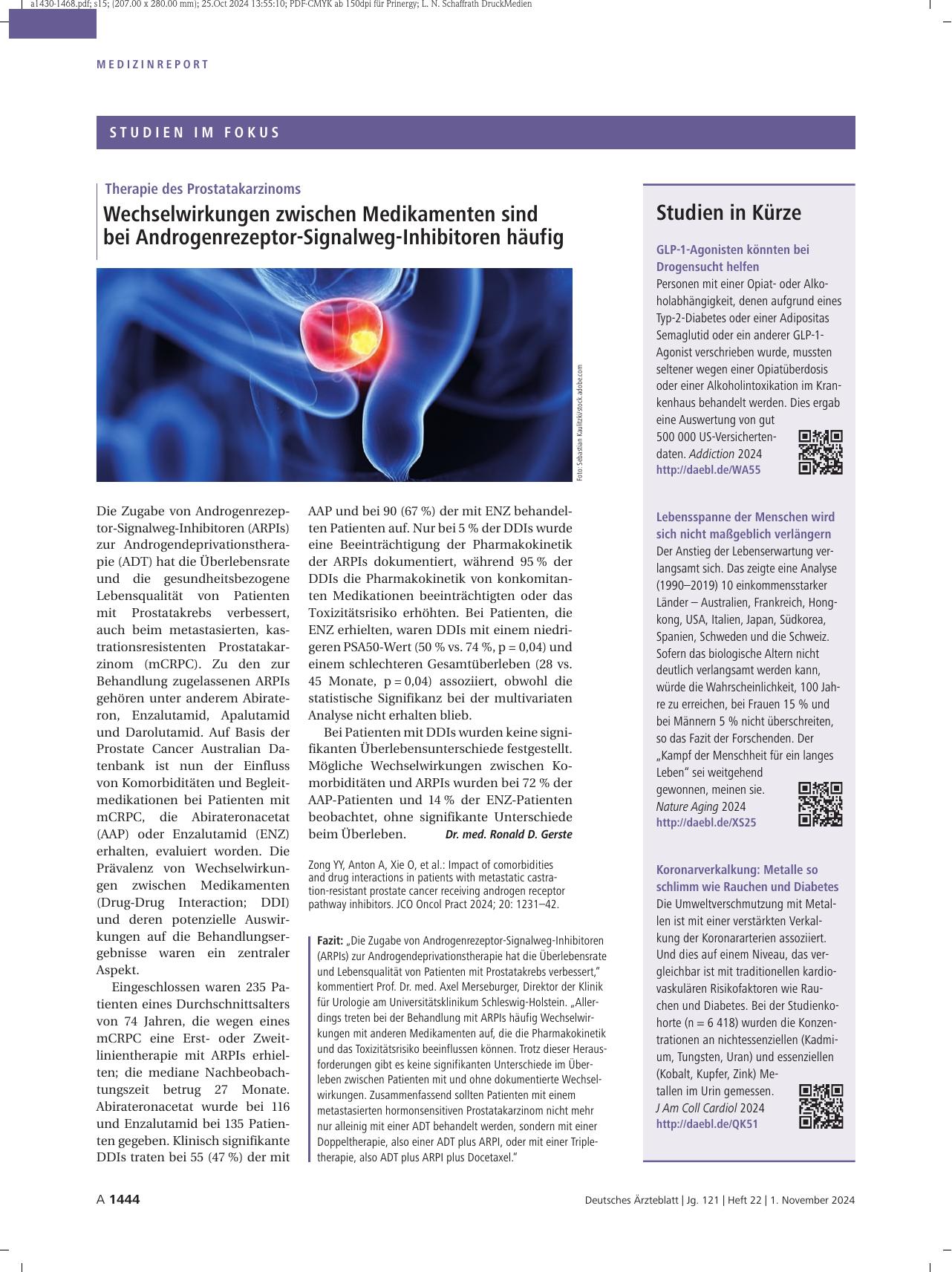 Vorschauseite 1: Therapie des Prostatakarzinoms: Wechselwirkungen zwischen Medikamenten sind bei Androgenrezeptor-Signalweg-Inhibitoren häufig.