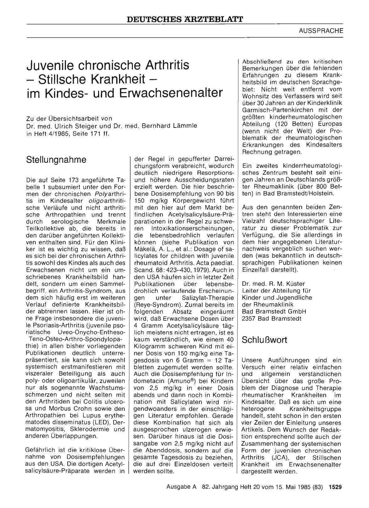 Vorschauseite 1: Juvenile chronische Arthritis — Stillsche Krankheit — im Kindesund Erwachsenenalter: Stellungnahme