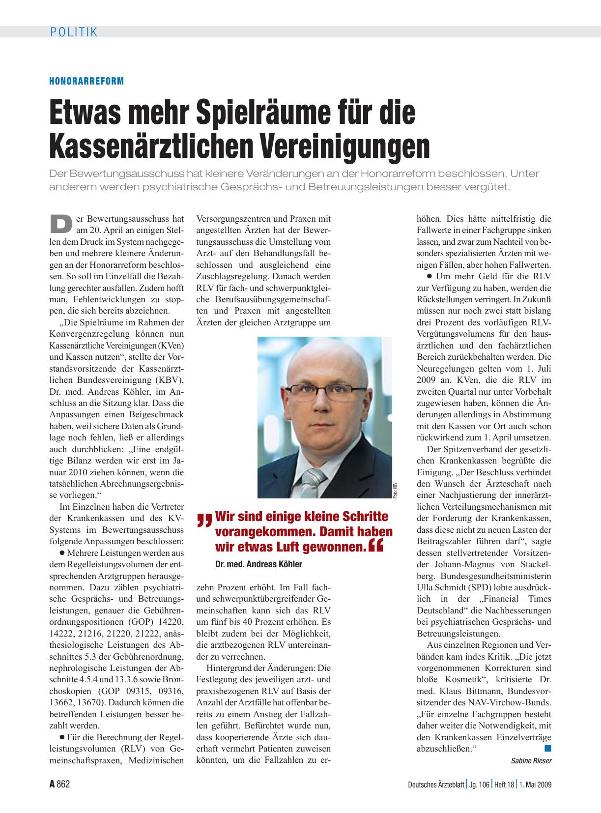 Vorschauseite 1: Honorarreform: Etwas mehr Spielräume für die Kassenärztlichen Vereinigungen