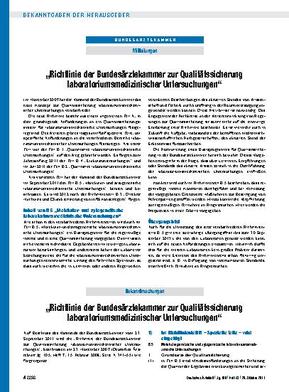 Vorschauseite 1: „Richtlinie der Bundesärztekammer zur Qualitätssicherung laboratoriumsmedizinischer Untersuchungen“
