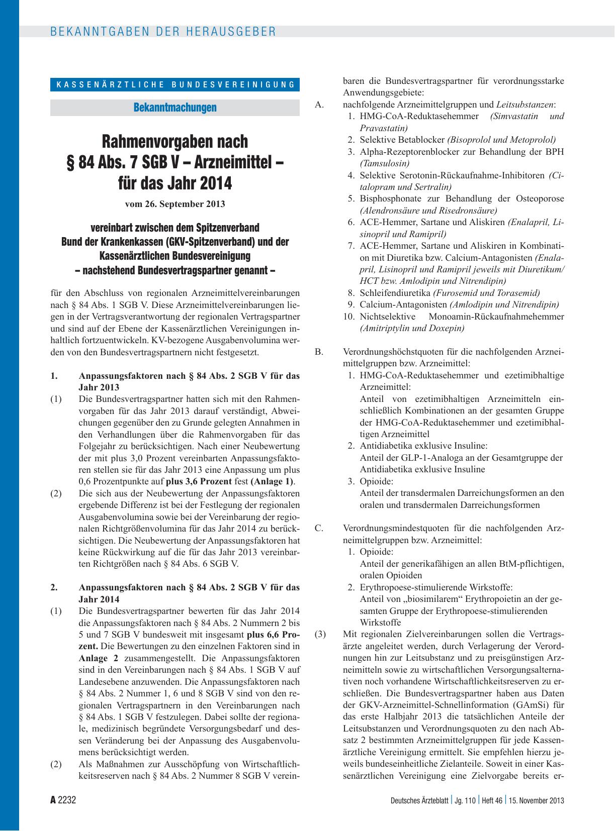 Vorschauseite 1: Rahmenvorgaben nach § 84 Abs. 7 SGB V – Arzneimittel – für das Jahr 2014 vereinbart zwischen dem Spitzenverband Bund der Krankenkassen (GKV-Spitzenverband) und der Kassenärztliche…