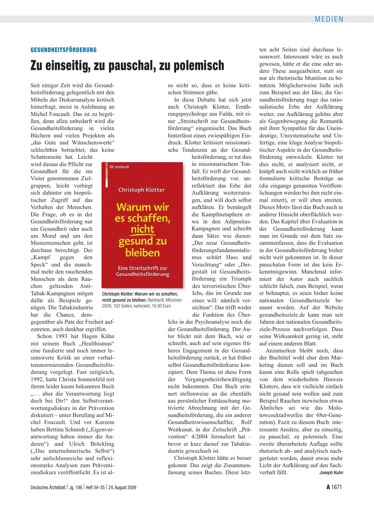Vorschauseite 1: Gesundheitsförderung: Zu einseitig, zu pauschal, zu polemisch