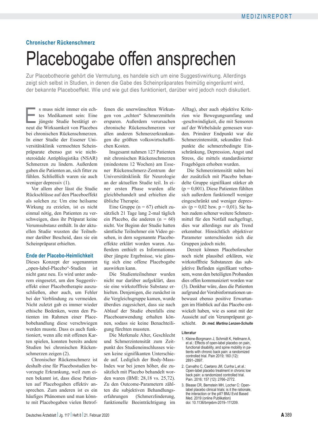 Vorschauseite 1: Chronischer Rückenschmerz: Placebogabe offen ansprechen