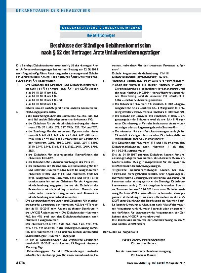 Vorschauseite 1: Beschlüsse der Ständigen Gebührenkommission nach § 52 des Vertrages Ärzte Unfallversicherungsträger