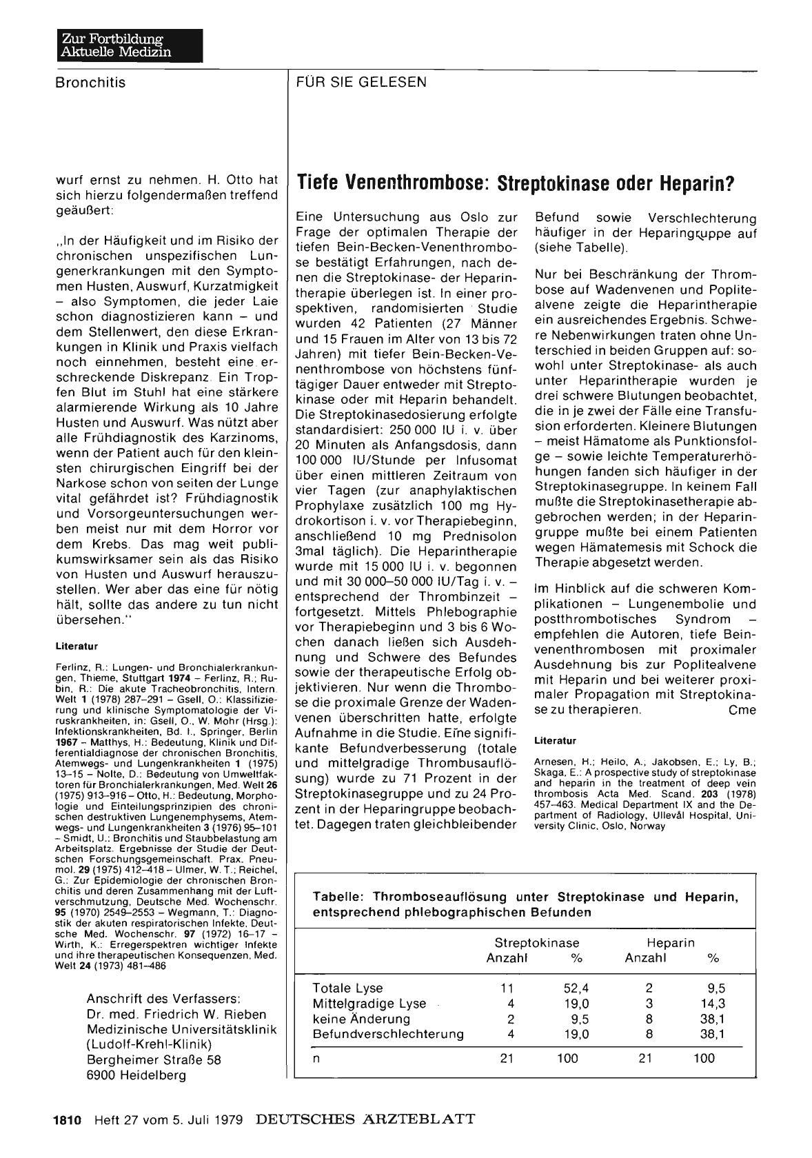 Vorschauseite 1: Tiefe Venenthrombose: Streptokinase oder Heparin?