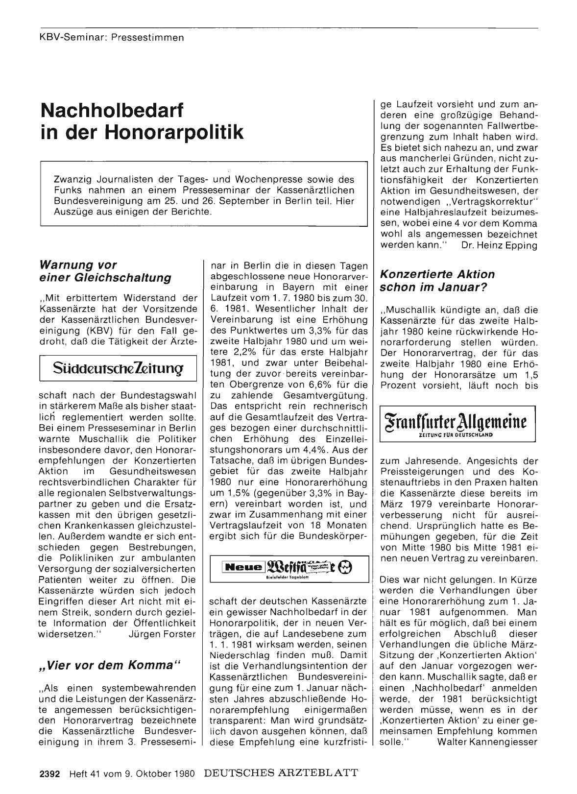 Vorschauseite 1: Nachholbedarf in der Honorarpolitik