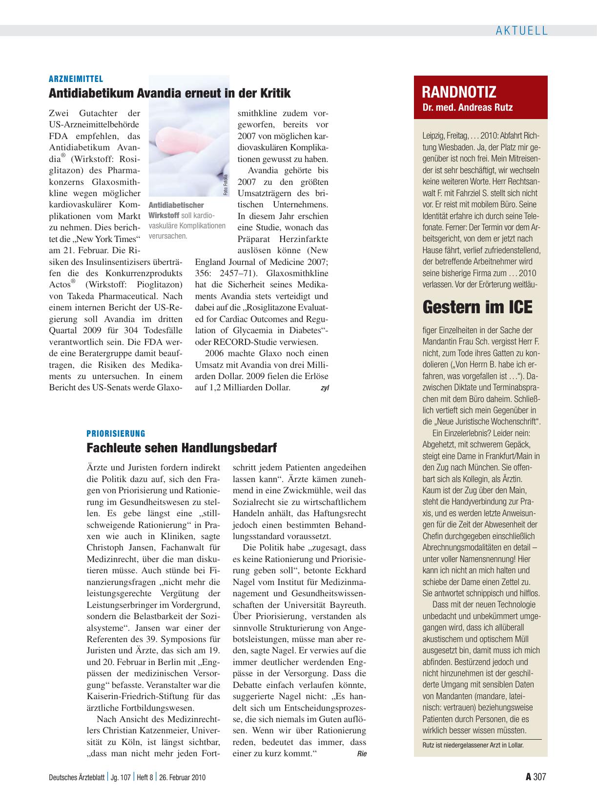 Vorschauseite 1: Arzneimittel: Antidiabetikum Avandia erneut in der Kritik