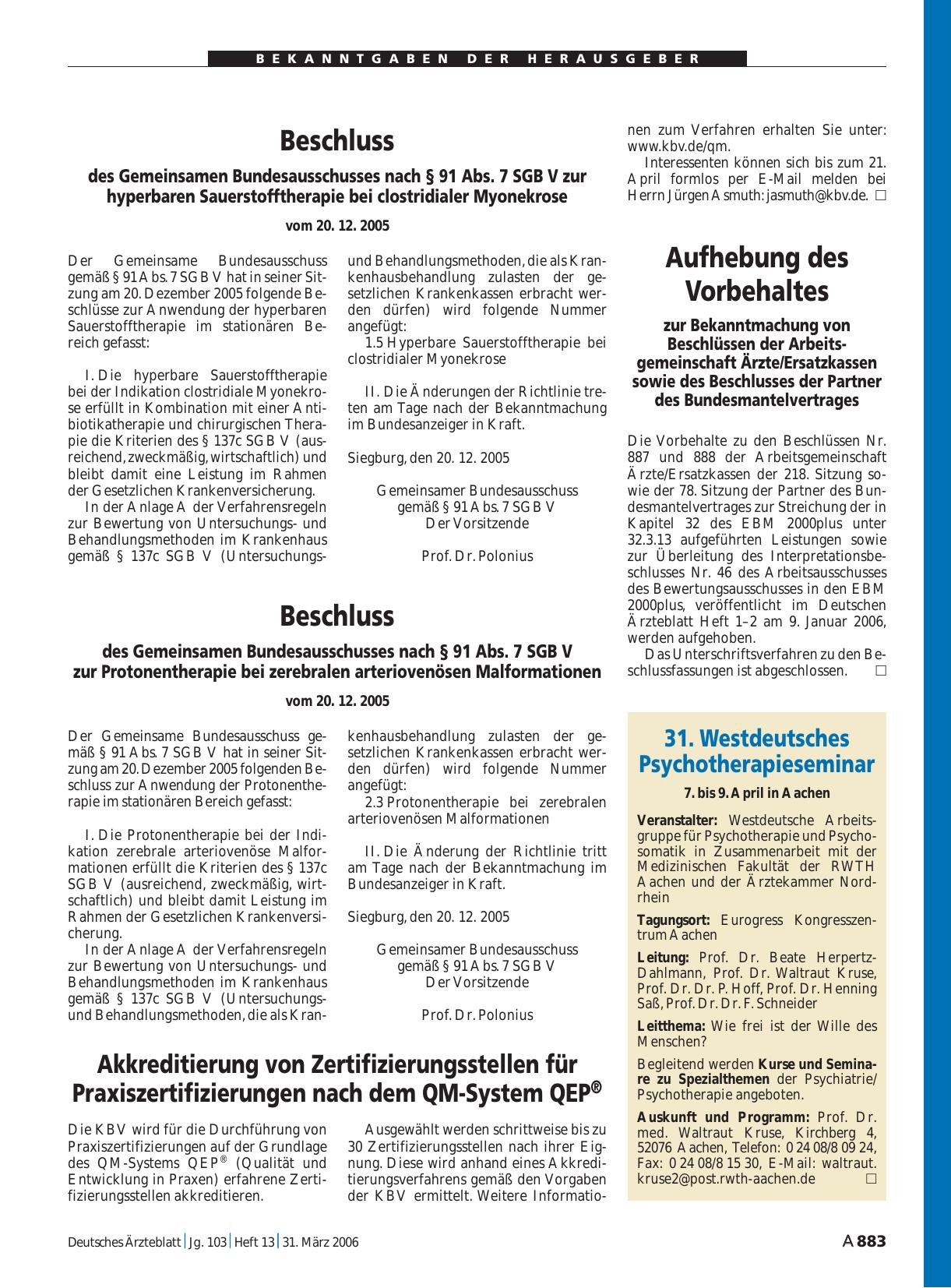 Vorschauseite 1: Aufhebung des Vorbehaltes zur Bekanntmachung von Beschlüssen der Arbeitsgemeinschaft Ärzte/Ersatzkassen sowie des Beschlusses der Partner des Bundesmantelvertrages