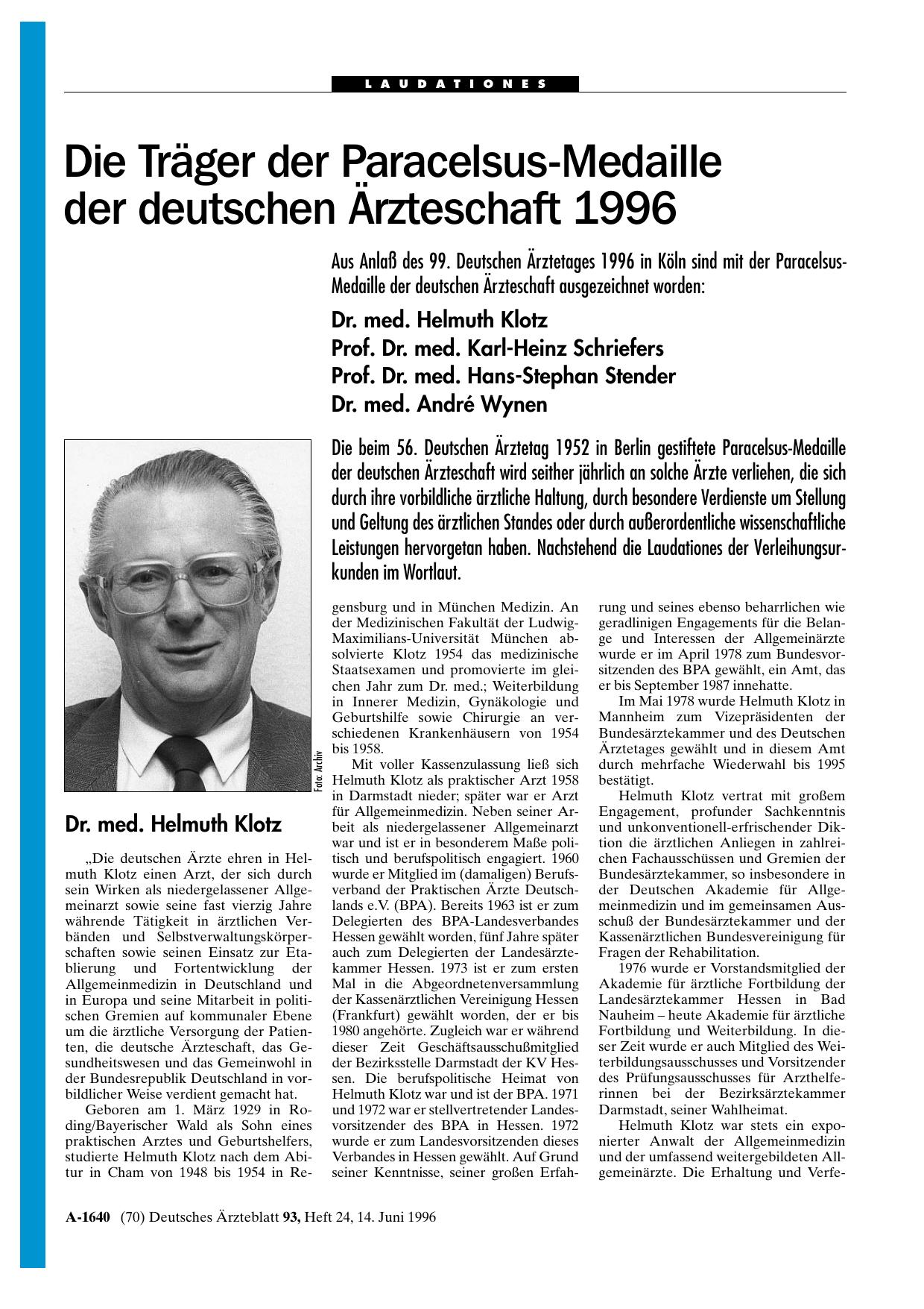 Vorschauseite 1: Die Träger der Paracelsus-Medaille der deutschen Ärzteschaft 1996