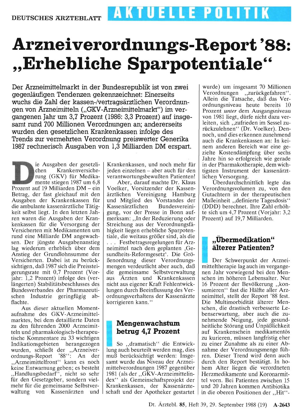 Vorschauseite 1: Arzneiverordnungs-Report '88: „Erhebliche Sparpotentiale“