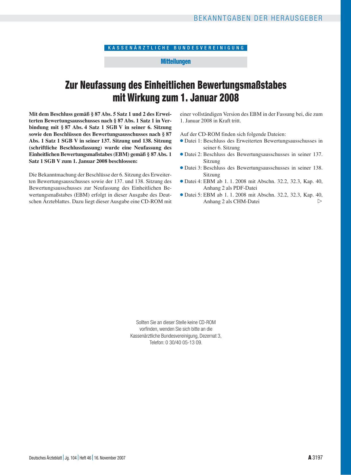 Vorschauseite 1: Mitteilungen: Zur Neufassung des Einheitlichen Bewertungsmaßstabes mit Wirkung zum 1. Januar 2008