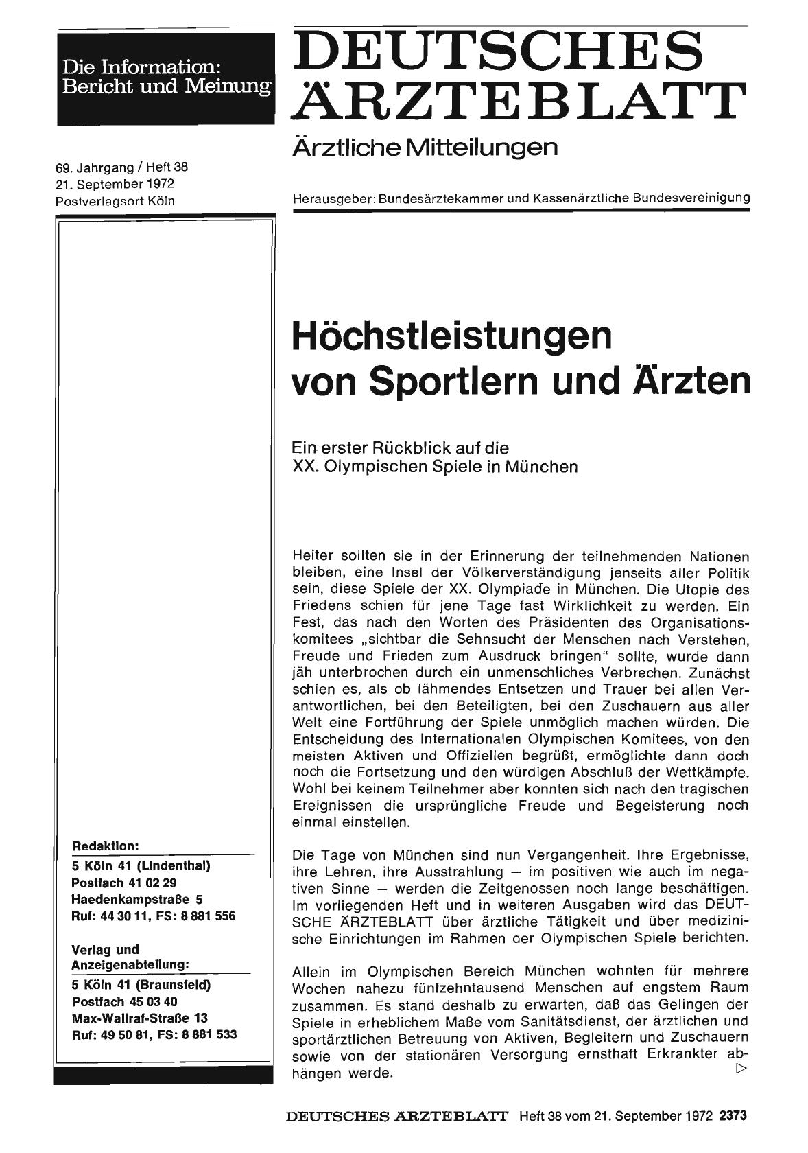 Vorschauseite 1: Höchstleistungen von Sportlern und Ärzten: Ein erster Rückblick auf die XX. Olympischen Spiele in München