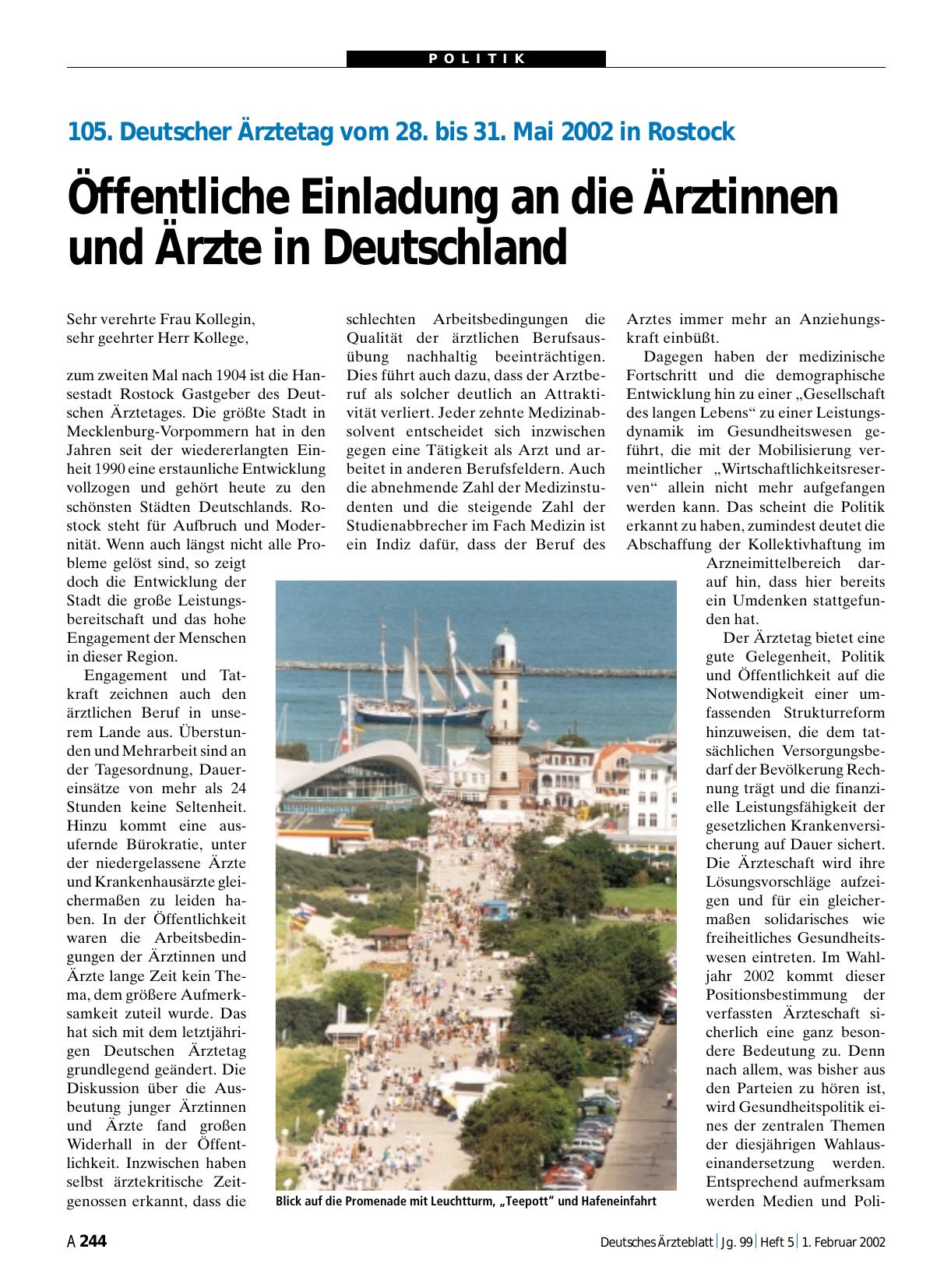 Vorschauseite 1: 105. Deutscher Ärztetag vom 28. bis 31. Mai 2002 in Rostock: Öffentliche Einladung an die Ärztinnen und Ärzte in Deutschland