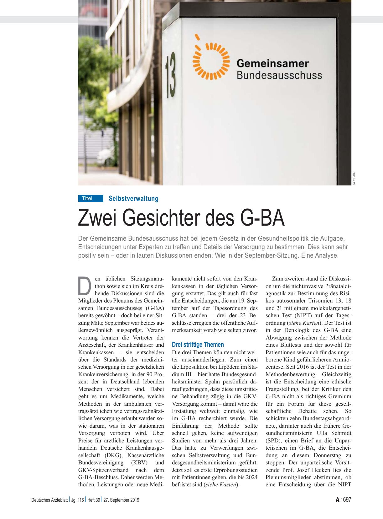 Vorschauseite 1: Selbstverwaltung: Zwei Gesichter des G-BA