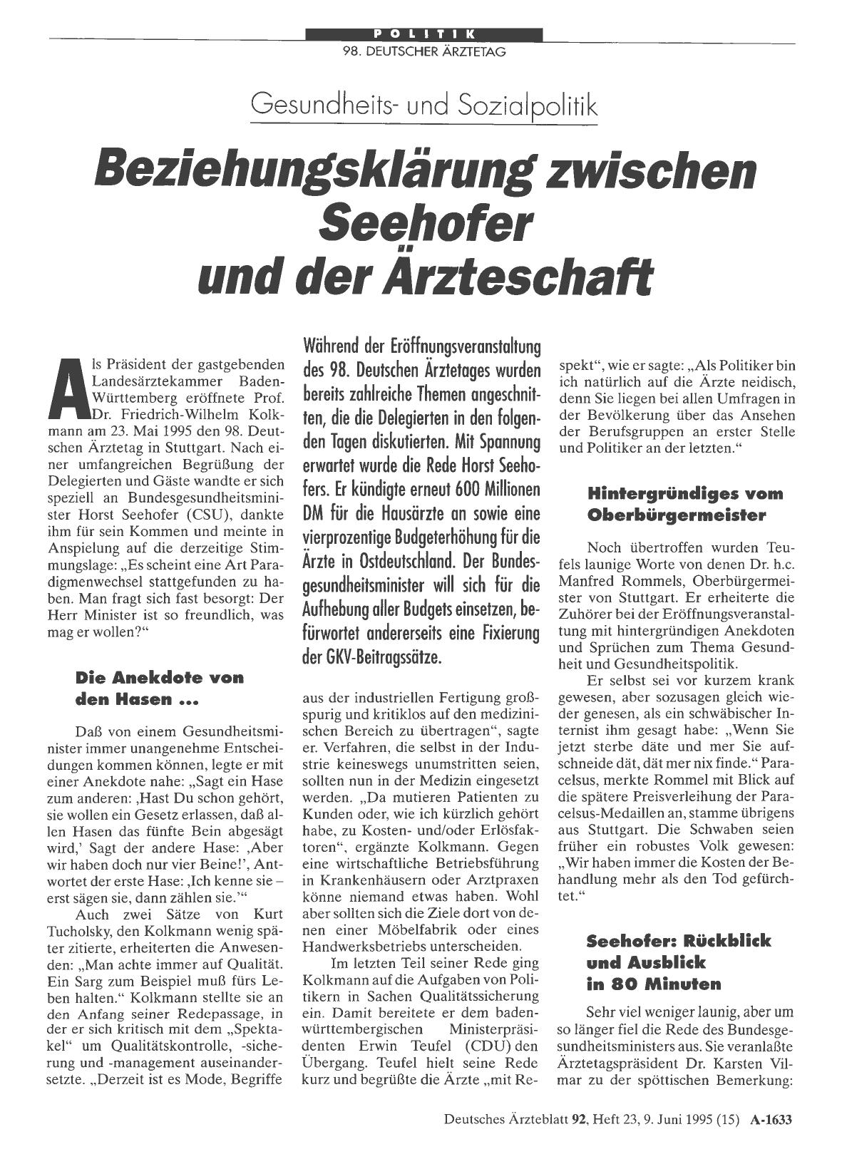 Vorschauseite 1: Gesundheitsund Sozialpolitik: Beziehungsklärung zwischen Seehofer und der Ärzteschaft