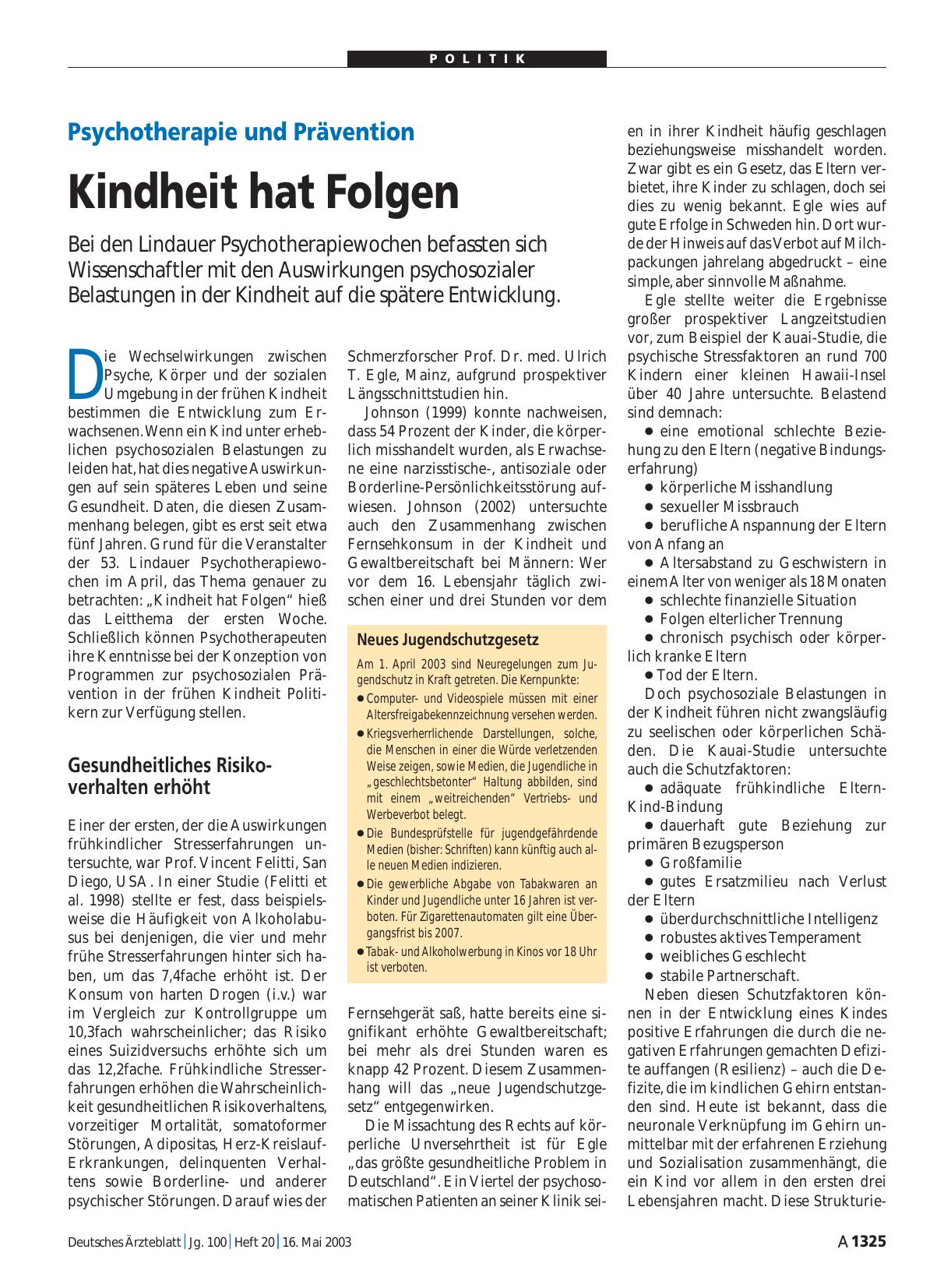 Vorschauseite 1: Psychotherapie und Prävention: Kindheit hat Folgen