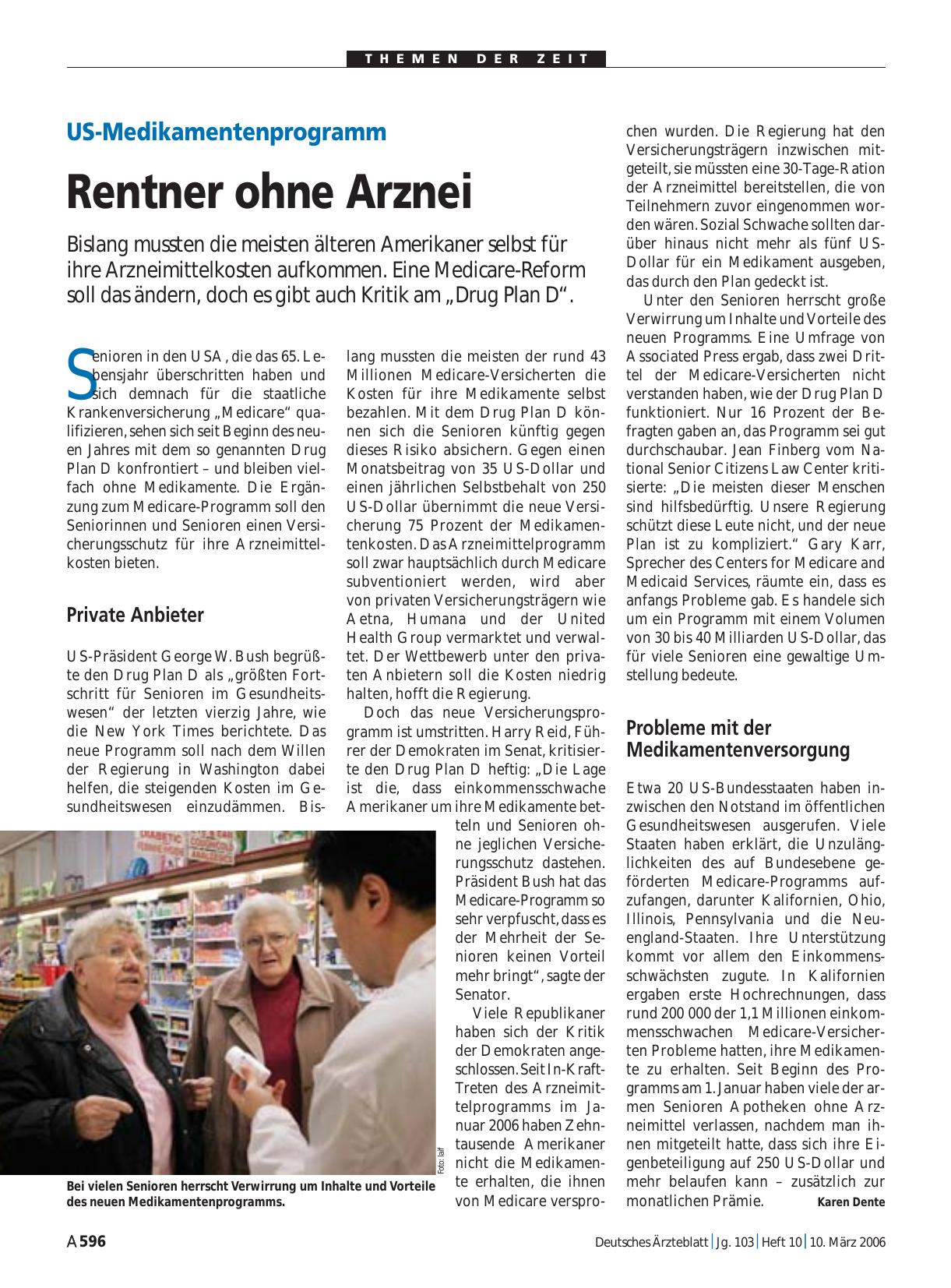Vorschauseite 1: US-Medikamentenprogramm: Rentner ohne Arznei