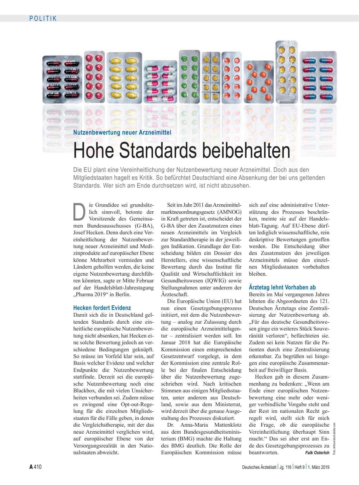 Vorschauseite 1: Nutzenbewertung neuer Arzneimittel: Hohe Standards beibehalten