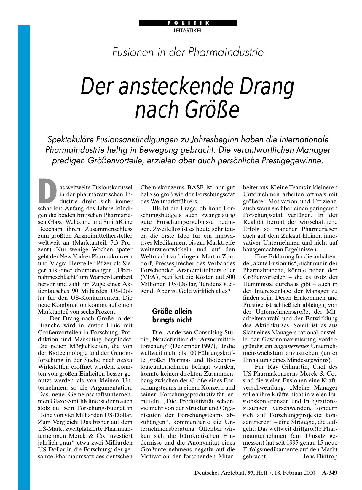 Vorschauseite 1: Fusionen in der Pharmaindustrie: Der ansteckende Drang nach Größe