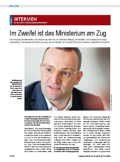 Vorschauseite 1: Interview mit Jens Spahn (CDU), Bundesgesundheitsminister: Im Zweifel ist das Ministerium am Zug