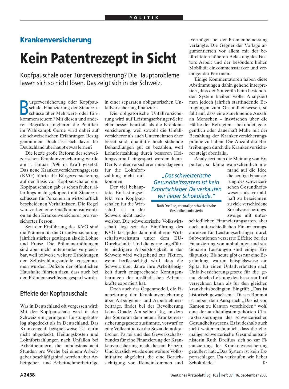 Vorschauseite 1: Krankenversicherung: Kein Patentrezept in Sicht