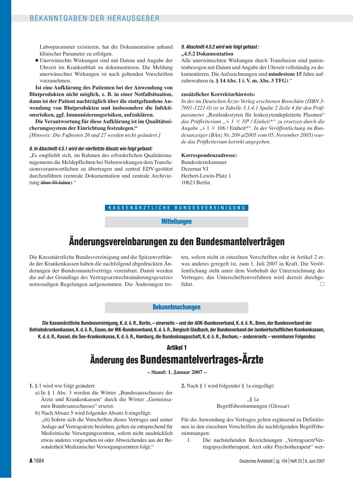 Vorschauseite 1: Bekanntmachungen: Artikel 1, Änderung des Bundesmantelvertrages-Ärzte – Stand: 1. Januar 2007 –