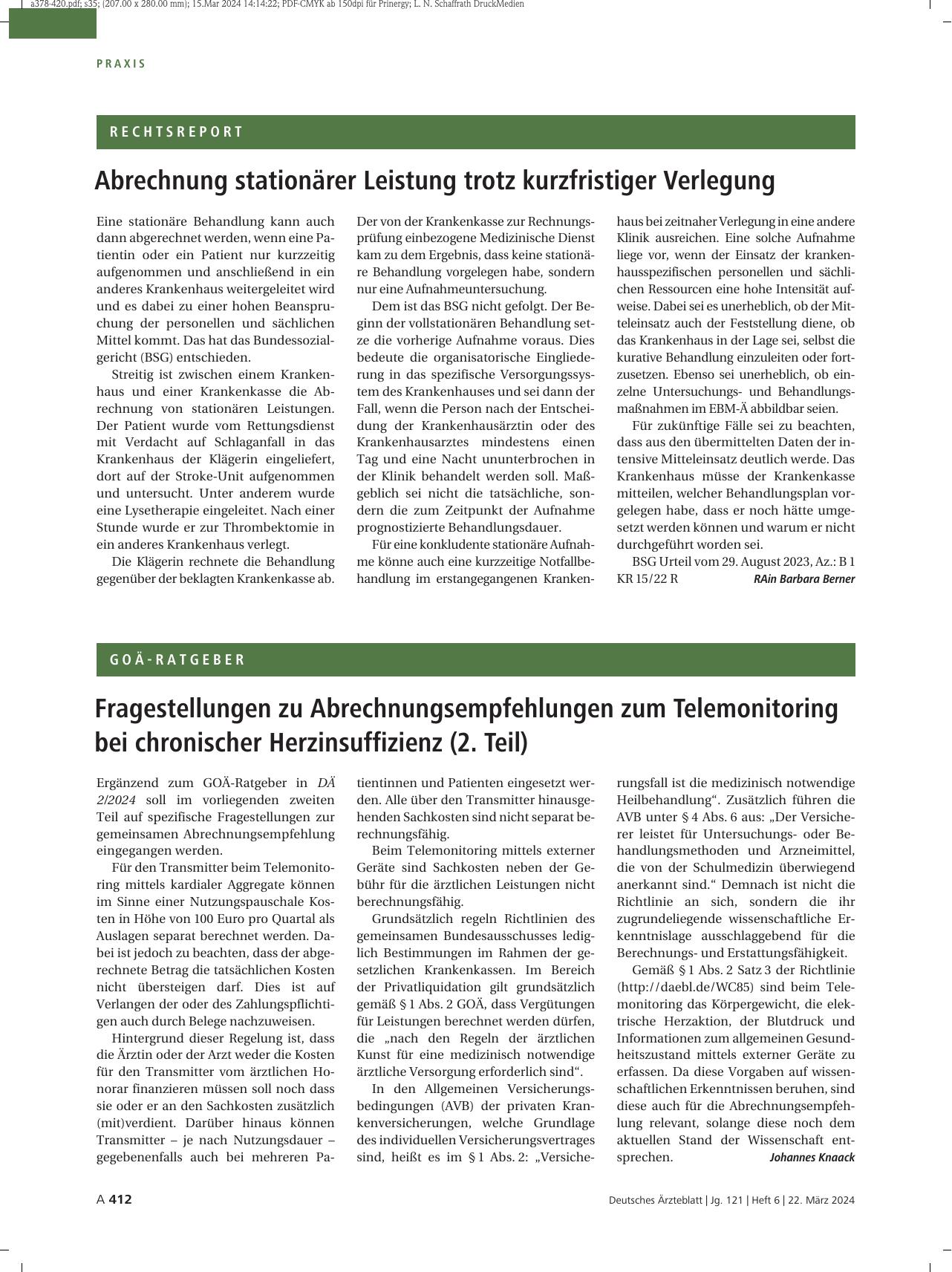 Vorschauseite 1: Fragestellungen zu Abrechnungsempfehlungen zum Telemonitoring bei chronischer Herzinsuffizienz (2. Teil)
