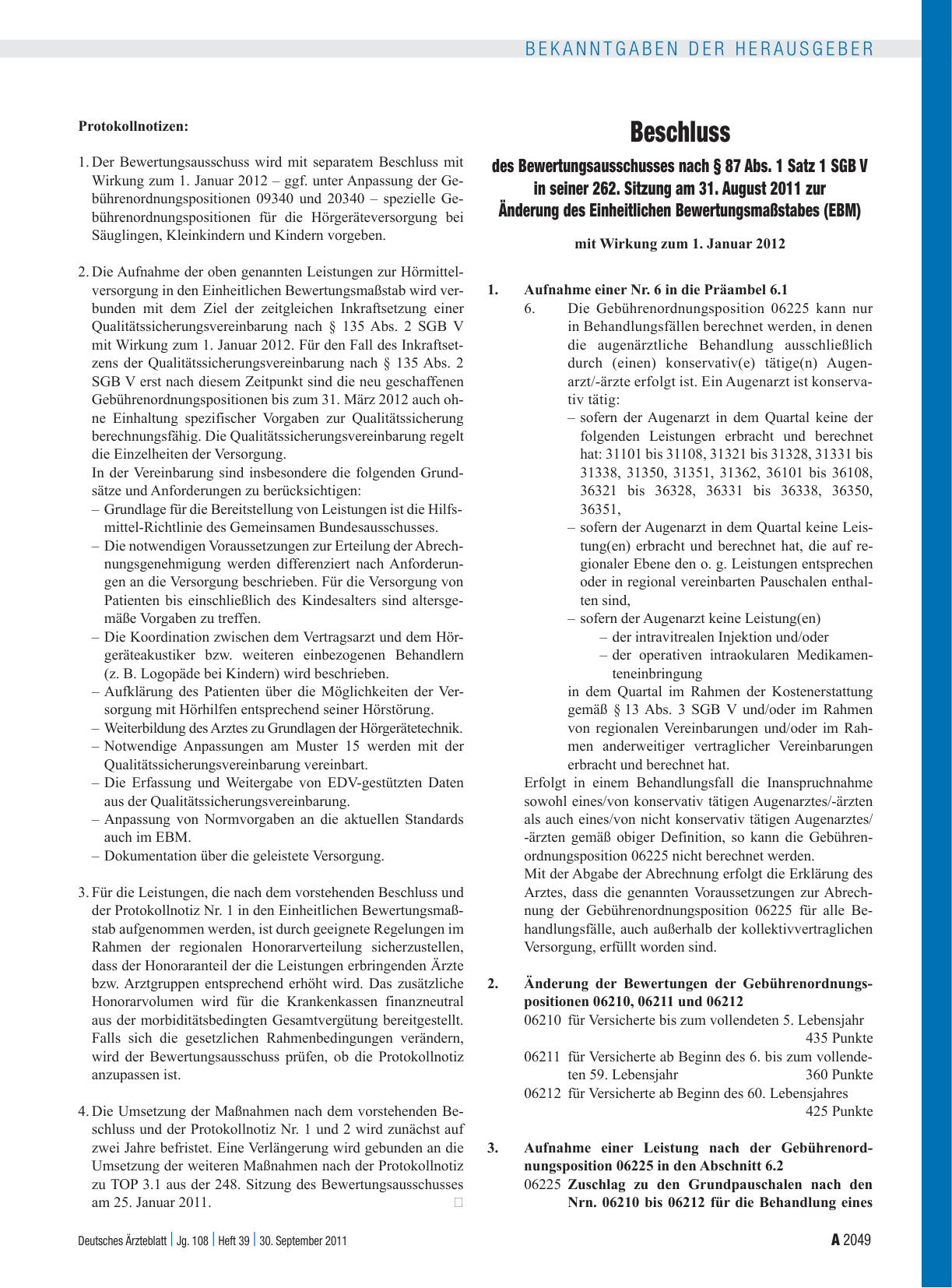 Vorschauseite 1: Beschluss des Bewertungsausschusses nach § 87 Abs. 1 Satz 1 SGB V in seiner 262. Sitzung am 31. August 2011 zur Änderung des Einheitlichen Bewertungsmaßstabes (EBM)