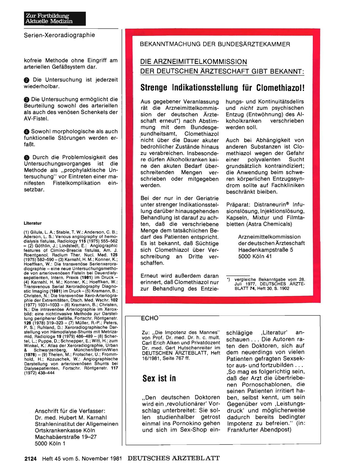 Vorschauseite 1: DIE ARZNEIMITTELKOMMISSION DER DEUTSCHEN ÄRZTESCHAFT GIBT BEKANNT: Strenge Indikationsstellung für Clomethiazol!