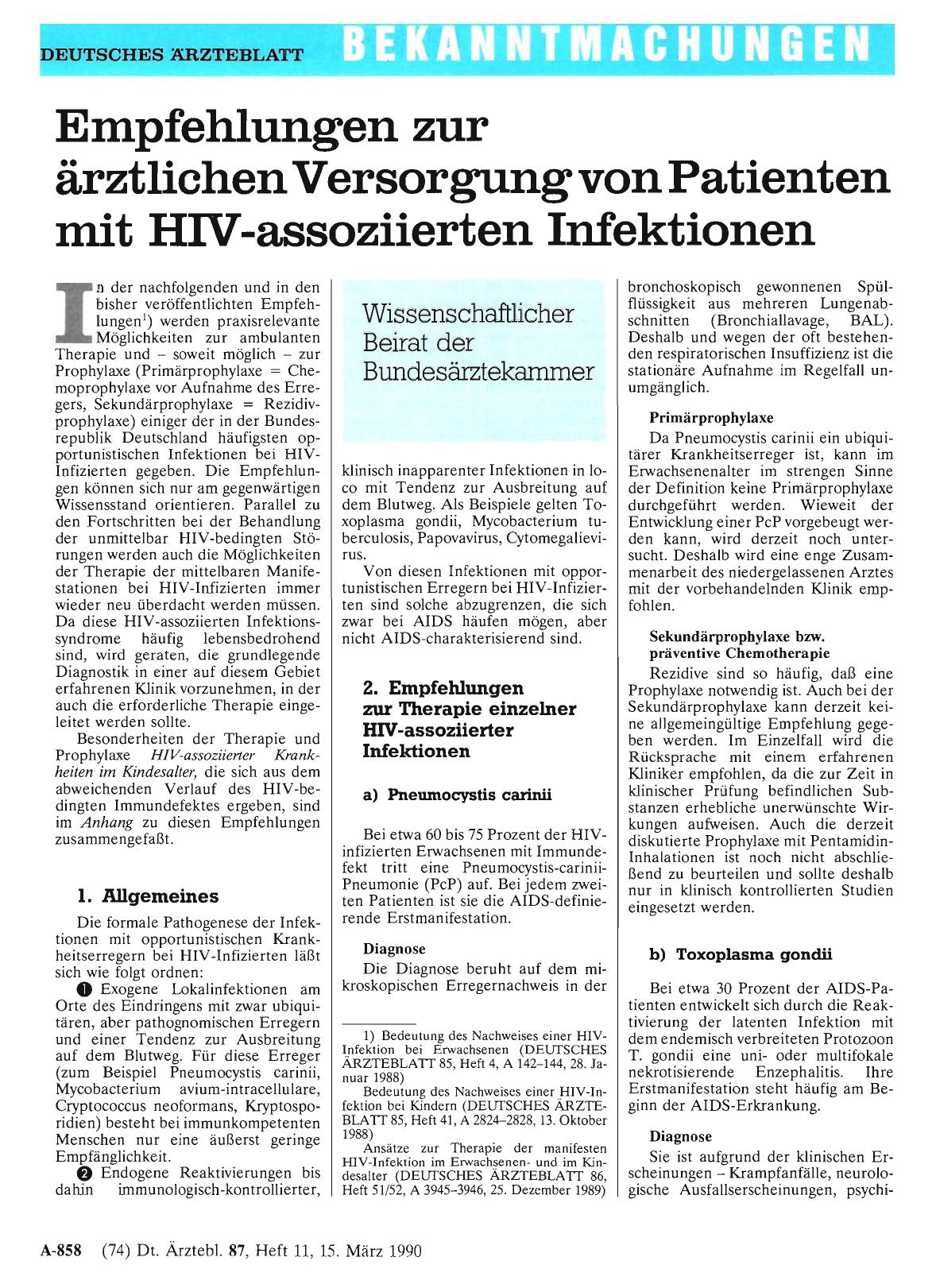 Vorschauseite 1: Empfehlungen zur ärztlichen Versorgung von Patienten mit HIV-assoziierten Infektionen