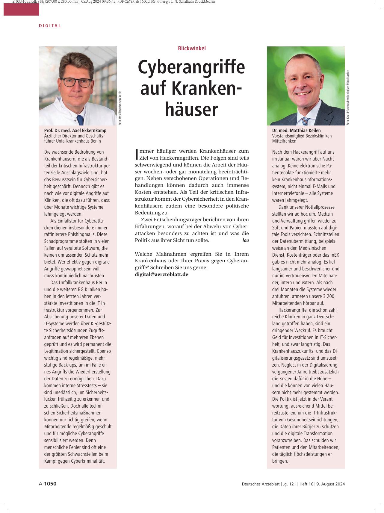 Vorschauseite 1: Blickwinkel: Cyberangriffe auf Krankenhäuser