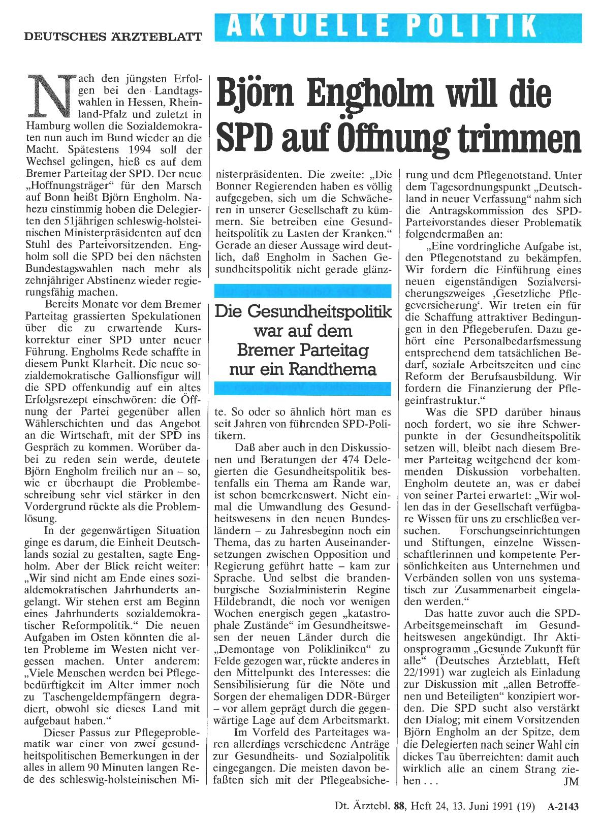 Vorschauseite 1: Björn Engholm will die SPD auf Öffnung trimmen