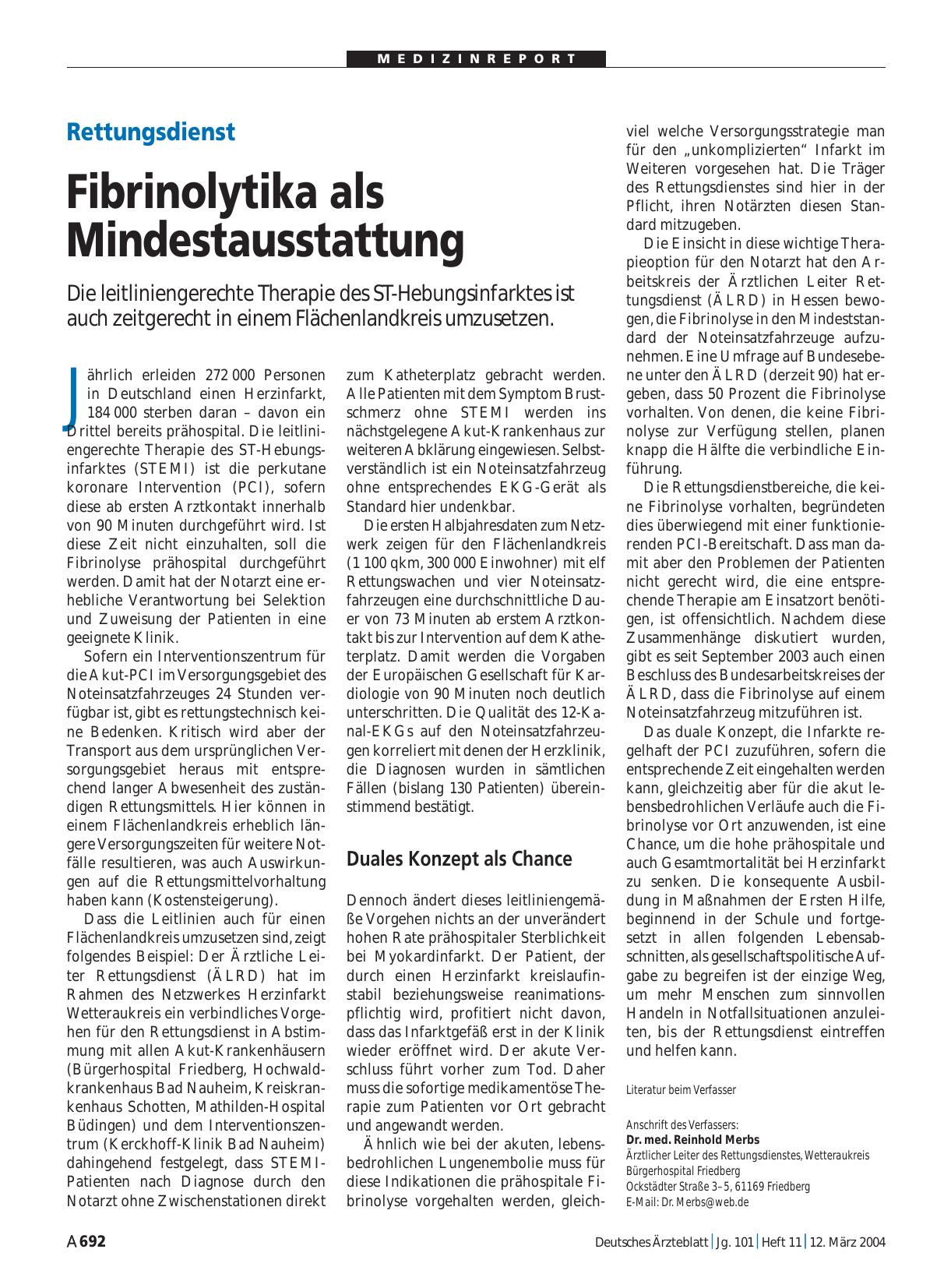 Vorschauseite 1: Rettungsdienst: Fibrinolytika als Mindestausstattung