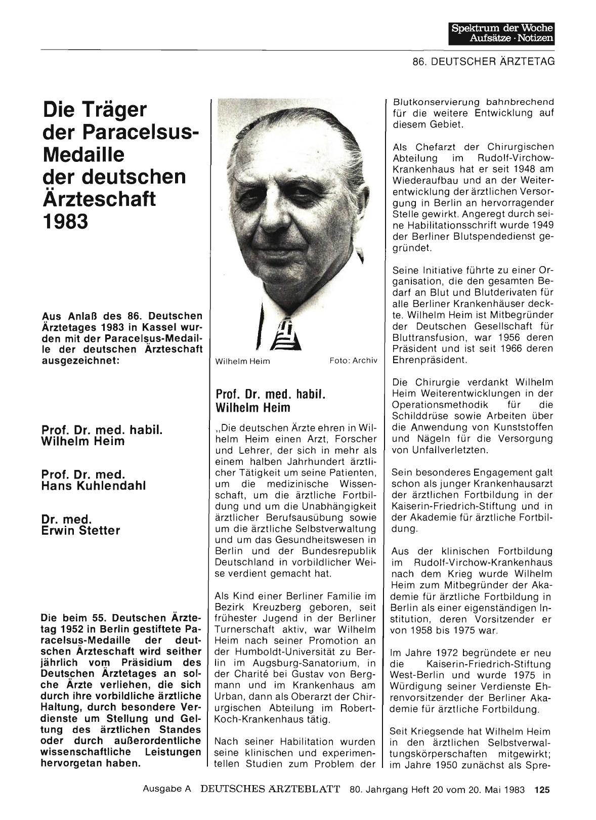 Vorschauseite 1: Die Träger der Paracelsus-Medaille der deutschen Ärzteschaft 1983
