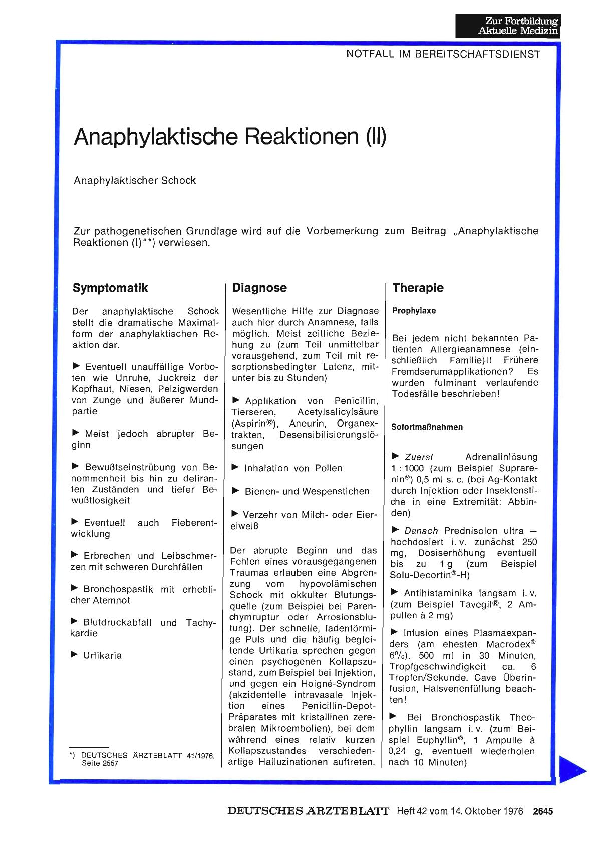 Vorschauseite 1: Anaphylaktische Reaktionen (II): Anaphylaktischer Schock
