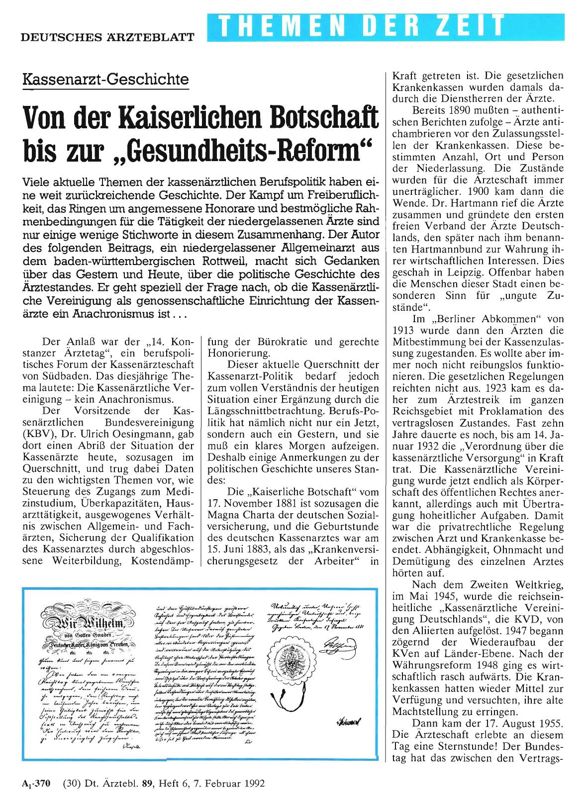 Vorschauseite 1: Kassenarzt-Geschichte: Von der Kaiserlichen Botschaft bis zur „Gesundheits-Reform“