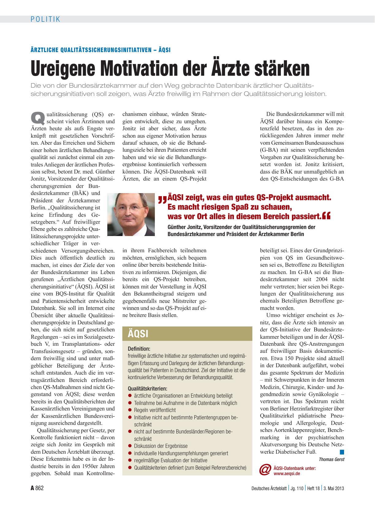 Vorschauseite 1: Ärztliche Qualitätssicherungsinitiativen – ÄQSI: Ureigene Motivation der Ärzte stärken
