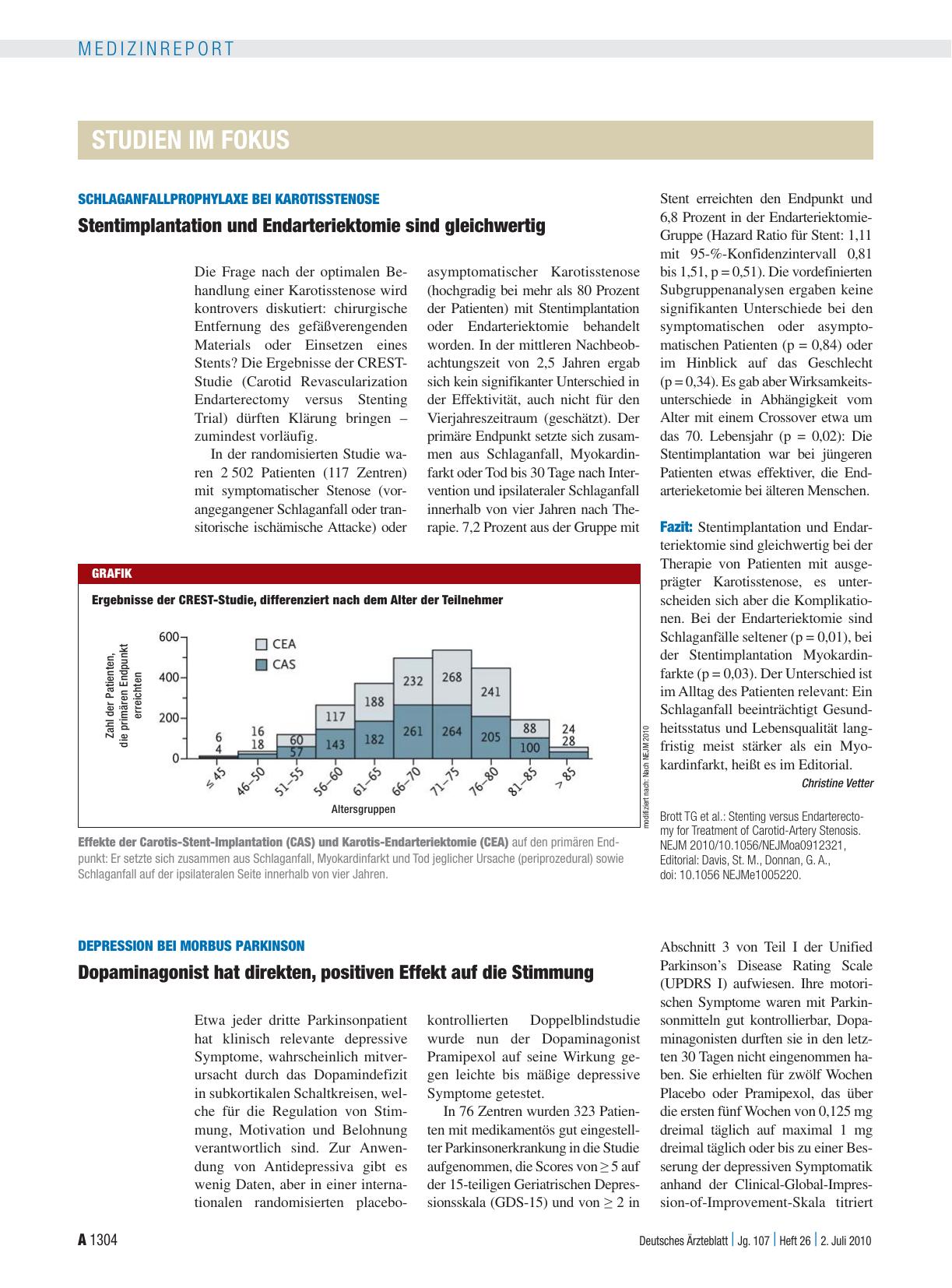 Vorschauseite 1: Schlaganfallprophylaxe bei Karotisstenose: Stentimplantation und Endarteriektomie sind gleichwertig
