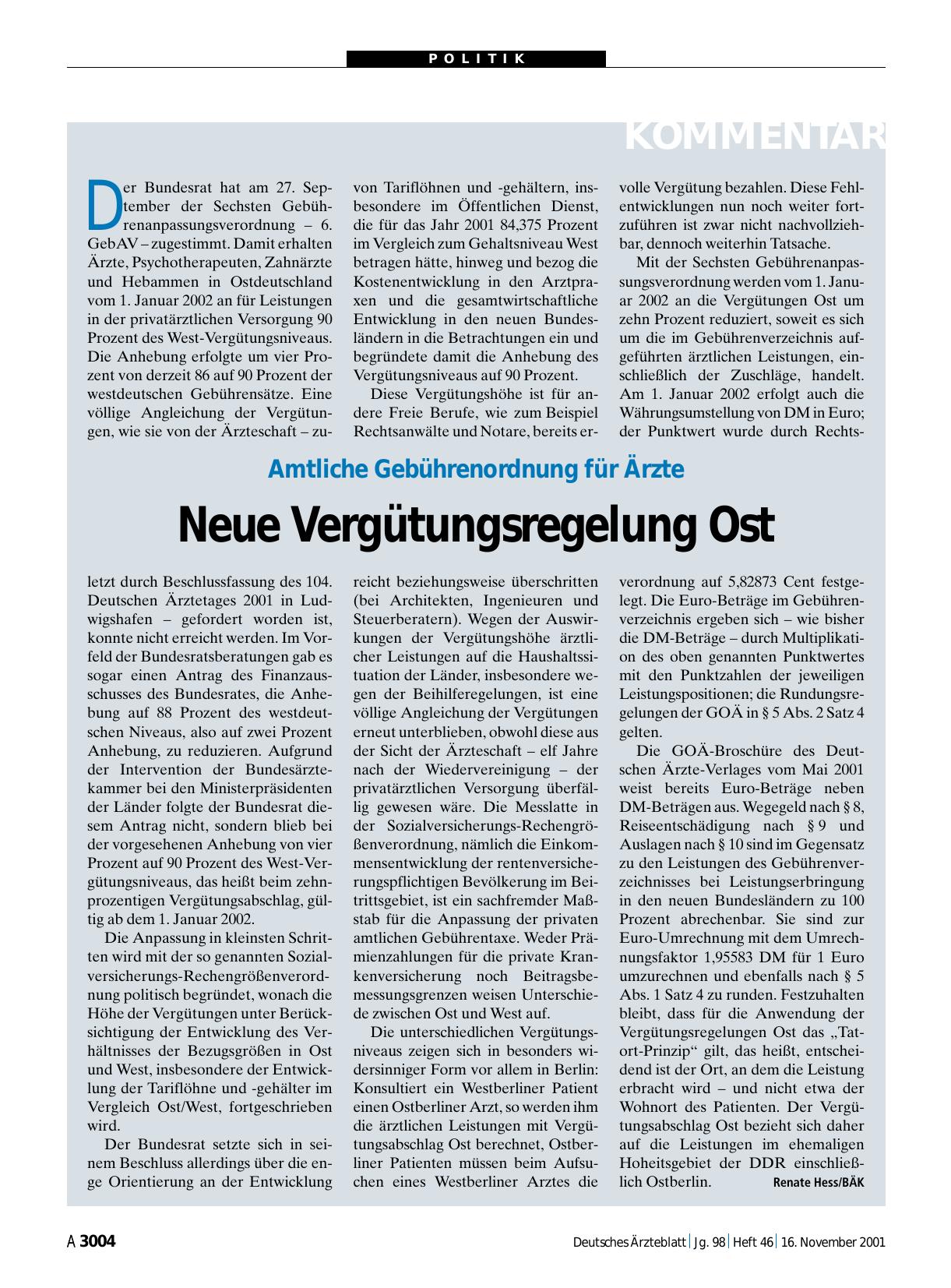 Vorschauseite 1: Amtliche Gebührenordnung für Ärzte: Neue Vergütungsregelung Ost