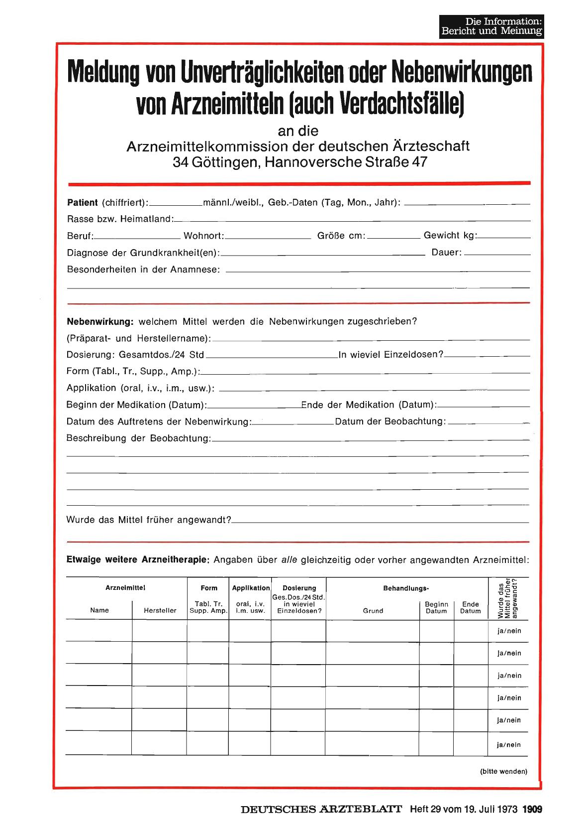 Vorschauseite 1: Meldung von Unverträglichkeiten oder Nebenwirkungen von Arzneimitteln (auch Verdachtsfälle)