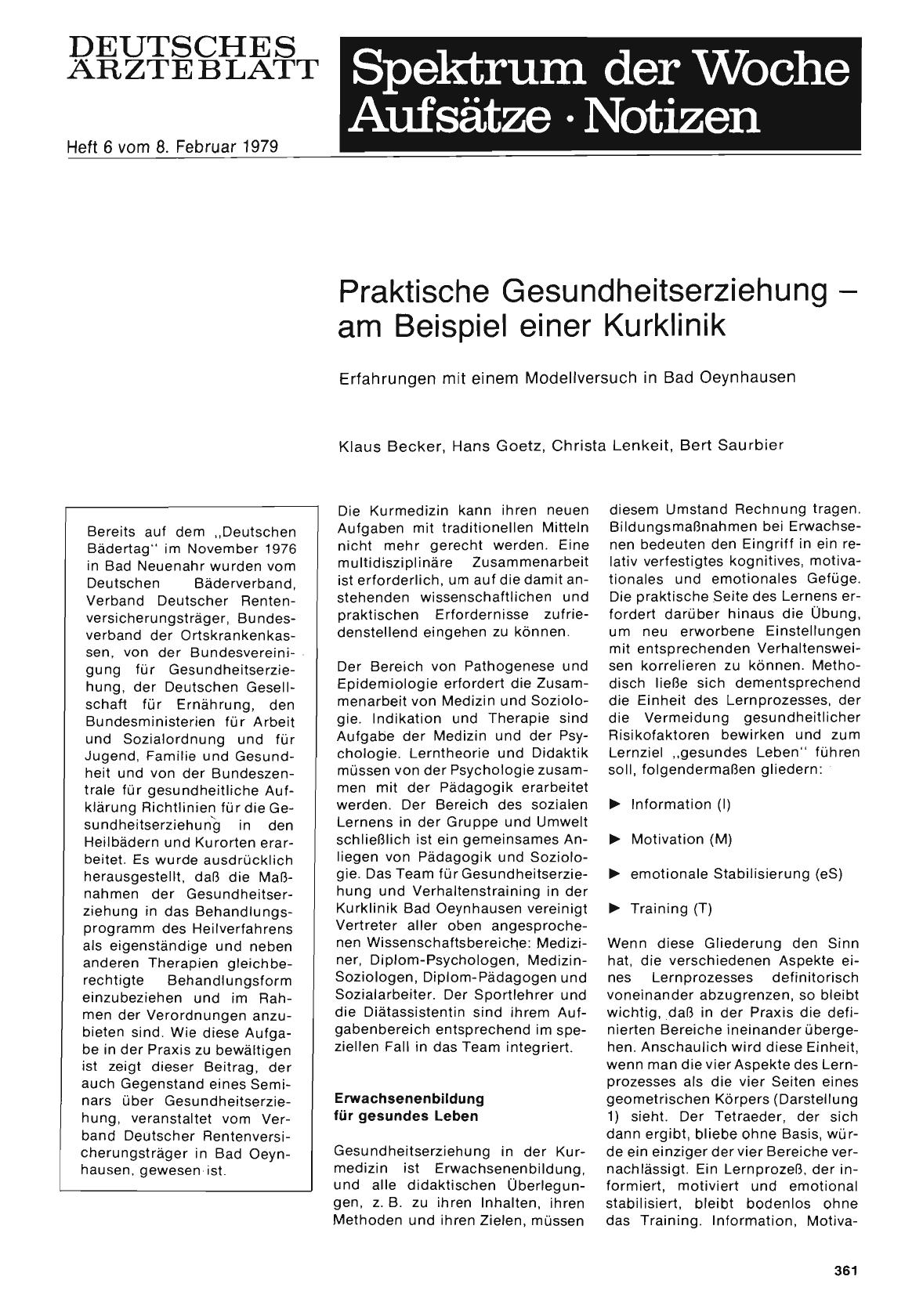 Vorschauseite 1: Praktische Gesundheitserziehung — am Beispiel einer Kurklinik: Erfahrungen mit einem Modellversuch in Bad Oeynhausen