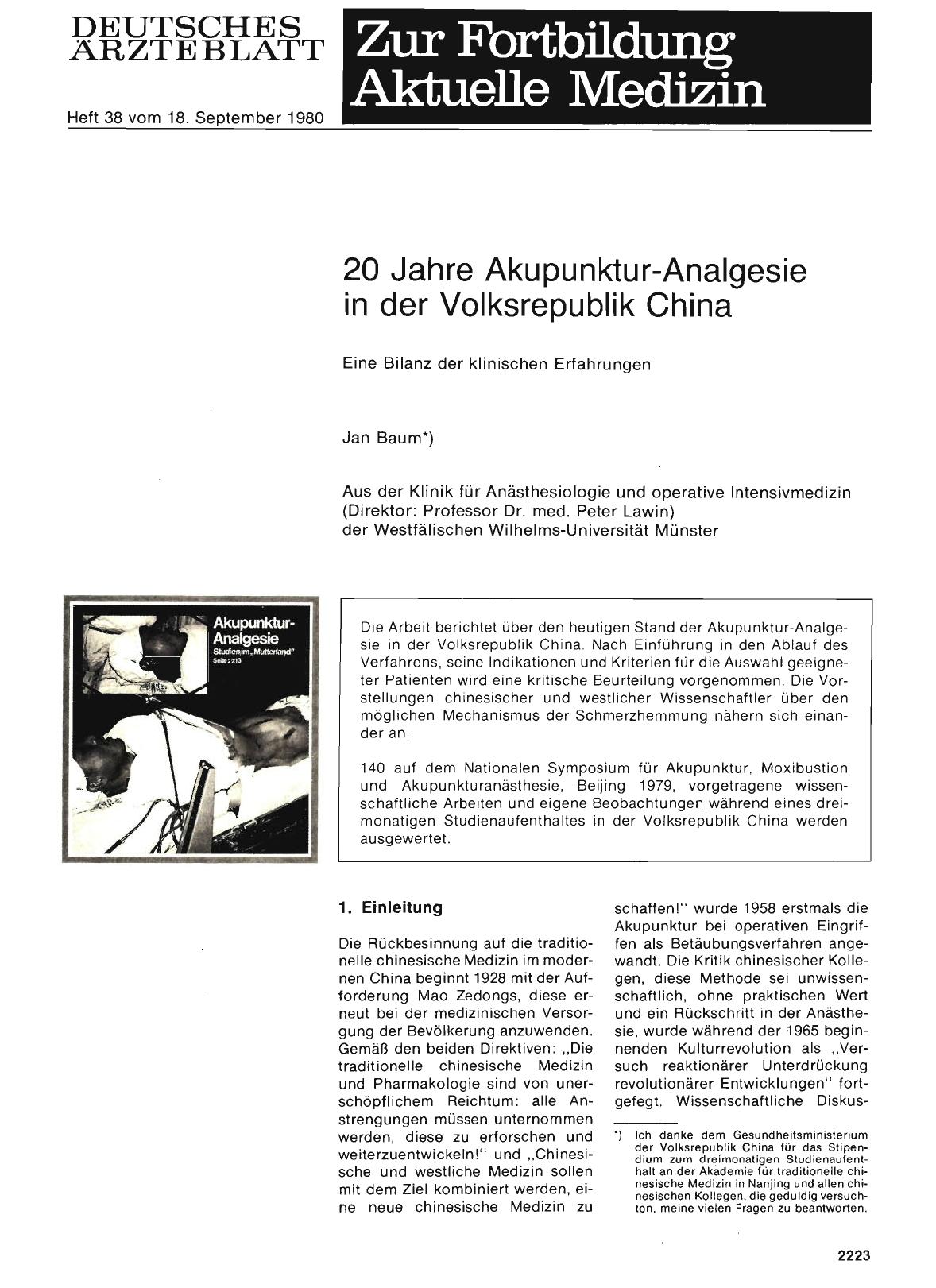Vorschauseite 1: 20 Jahre Akupunktur-Analgesie in der Volksrepublik China: Eine Bilanz der klinischen Erfahrungen